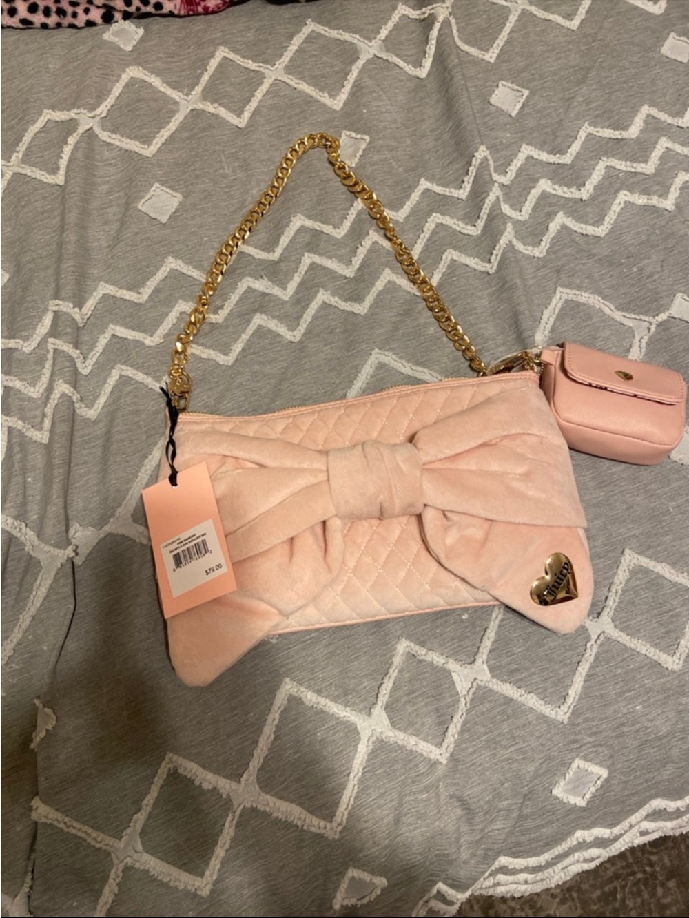 Juicy Couture Blush Pink Quilted Shoulder Bag with Bow and Gold Chain